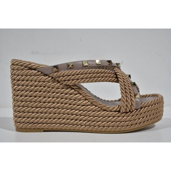 Valentino Rockstud Torchon Poudre Nude Cord Rope Wedge Backless Slide Sandal 42 - Picture 3 of 12